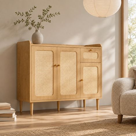 Credenza 120x40x91 cm in MDF effetto rovere marrone, con contenitore per soggiorno, FloraGrace (1/5)