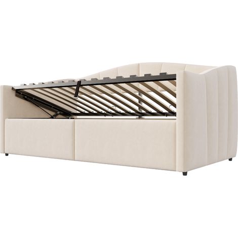 Cama tapizada 90 x 200 cm con almacenaje hidráulico, somier de lamas, terciopelo beige (1/5)