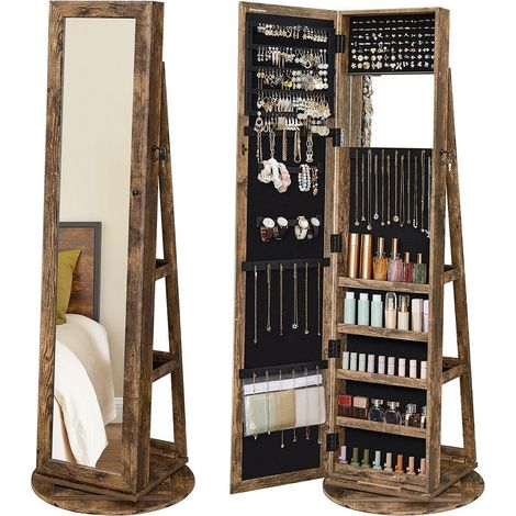 Mobiletto portagioielli girevole a 360° con grande specchio a figura intera 54 x 54 x 161 cm Organizzatore per gioielli con serratura con specchio interno Ripiani portaoggetti sul retro Marrone 120003