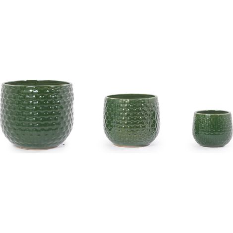Ensemble 3 pots de fleurs en céramique artisanale, Ø 23/17/12 cm, vert foncé brillant à relief à picots, avec trous de drainage (1/5)