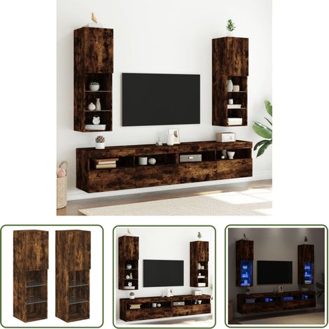 The Living Store TV-Schränke mit LED-Leuchten 2 Stk. Räuchereiche 30,5x30x102 cm - TV Schrank - Holzschrank - Wohnzimmerschrank - Regal - Medienregal (1/5)
