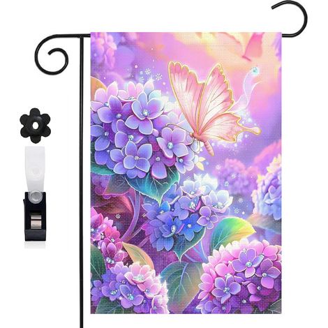 Drapeau de jardin bienvenue 30 x 45 cm motif hortensias et papillon coloré toile double face extérieure (1/5)
