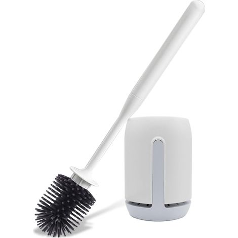 Brosse WC en silicone à tête ronde, murale ou à poser, antibactérienne, séchage rapide, manche long, grise (1/5)
