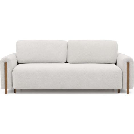 Canapé convertible en tissu bouclette DOVA - Pieds bois massif naturel-Blanc (1/5)