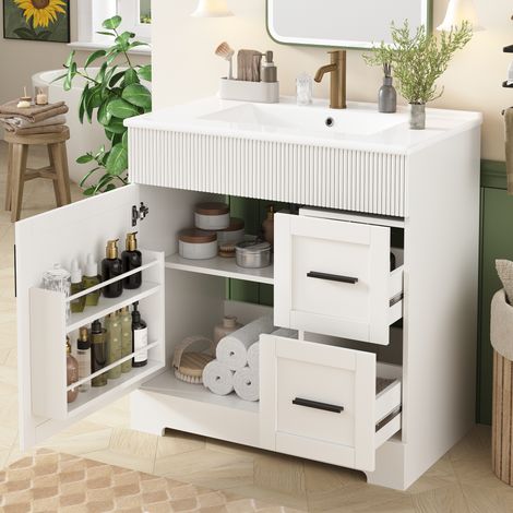 REDOM Mueble de baño de 81,5 x 47 x 85,5 cm, con lavabo de cerámica, estante lateral y cajón doble, MDF blanco.