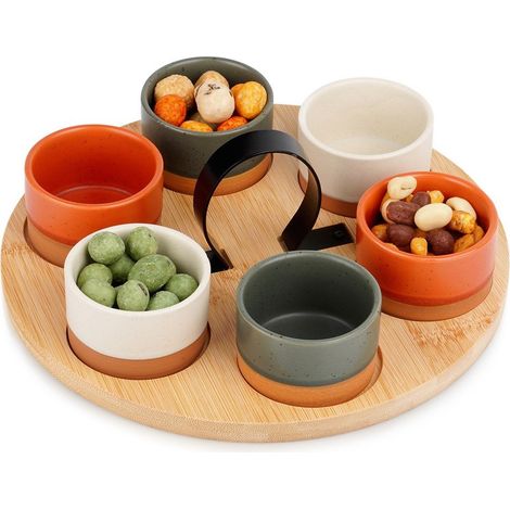 Set di ciotole su vassoio di legno per servire salse e snack 139748 (1/5)