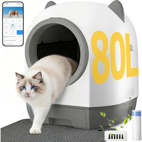 Litière chat autonettoyante capacité maximale de 80L, bac à litière pour chat alerte intelligente via contrôle app, surveillance santé, capteur infrarouge, adapté à de nombreux types de litière