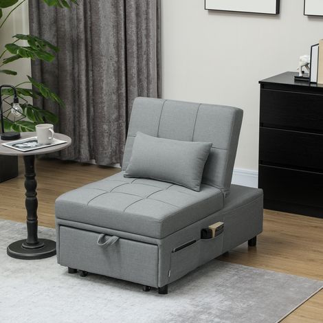 Fauteuil pliant 3 en 1 avec poche latérale, lit d'appoint avec oreiller, dossier réglable, fauteuil-lit à roulettes, gris clair (1/5)