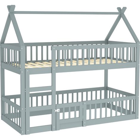 Lit superposé enfant 90 x 200 cm avec escalier et toit, gris, cadre en bois (1/5)