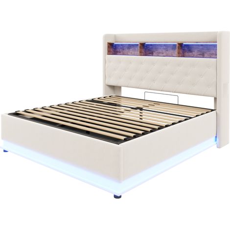 Polsterbett LED 180 x 200 cm mit hydraulischem Stauraum und USB-Anschluss, beige (1/5)