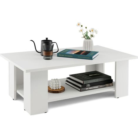 Tavolo da tè rettangolare in legno a 2 livelli, Tavolino da caffè moderno con ripiano aperto Bianco (1/5)