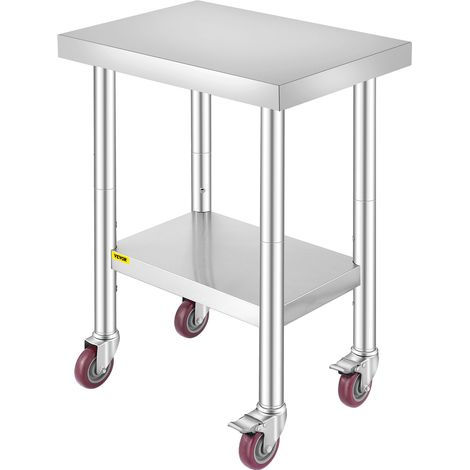 VEVOR Table de Travail Cuisine 61x46x86 cm Table de Travail Inox avec Roulettes et Freins Capacite de Charge 100 kg pour Preparation des Repas Cafeterias Hotels Hopitaux Cliniques Restaurant