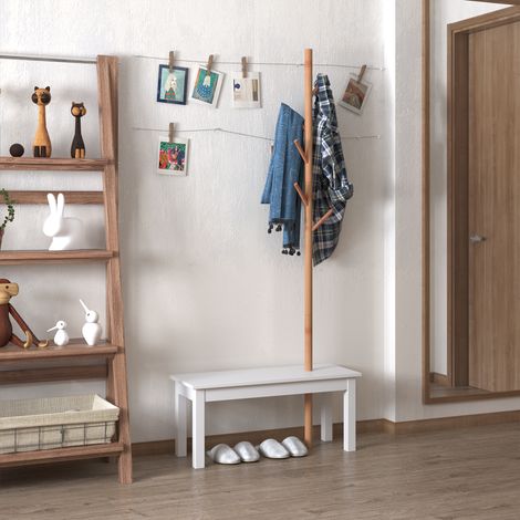 Banc avec cintre pour couloir - 80x30x180cm - banc d’entrée blanc - design - également pour chambre - porte-manteaux en bambou - bois blanc