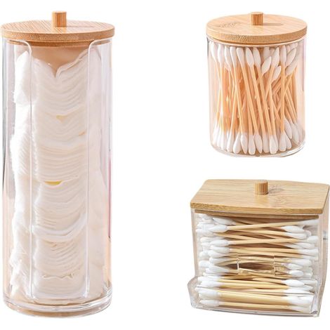 Set Boîtes Coton Tiges Transparent avec Couvercles Bambou