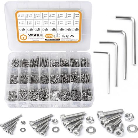 M2 M3 M4 M5 Lot de 1225 vis à tête hexagonale en acier inoxydable Vis écrous et rondelles assortiment avec boîte de rangement plate (argent) (1/5)