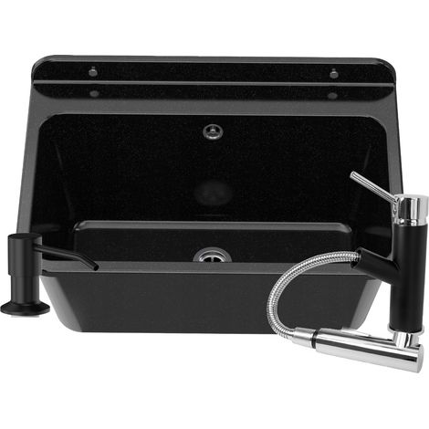 Évier Utilitaire Granitan Large avec Siphon, Mitigeur et Distributeur de Savon - Noir, 61x41x30 cm (1/4)