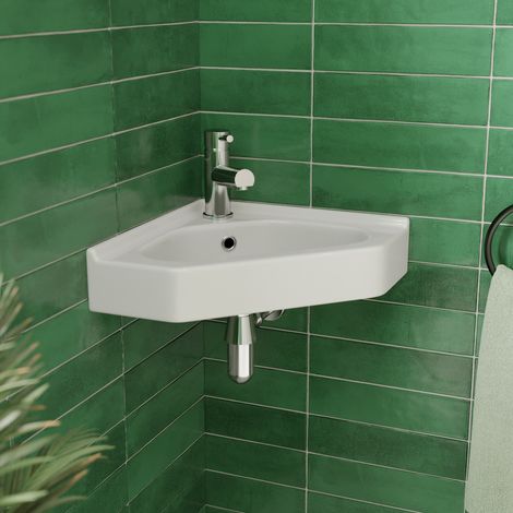 Cloakroom Corner Wall Hung Basin Sink Hand Wash 1 Tap Hole White Bathroom Modern
