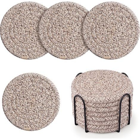 Dessous de verre avec support, dessous de verre en coton tissé, lot de 8 dessous de verre absorbants pour protéger la table, décoration intérieure, verres, tasses, bar, cadeau de pendaison de crémaill (1/5)