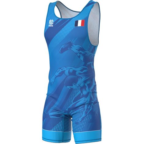 Body da wrestling maschile con simbolo della Francia, taglia XL, blu