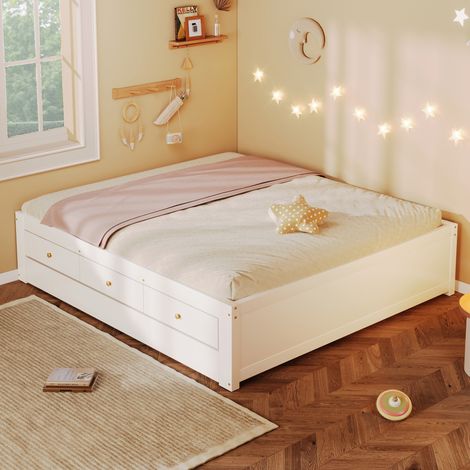 Lit gigogne 140x200 cm avec couchage d’appoint coulissant, lit simple avec 3 grands tiroirs de rangement, gain de place, structure en bois, blanc (1/5)