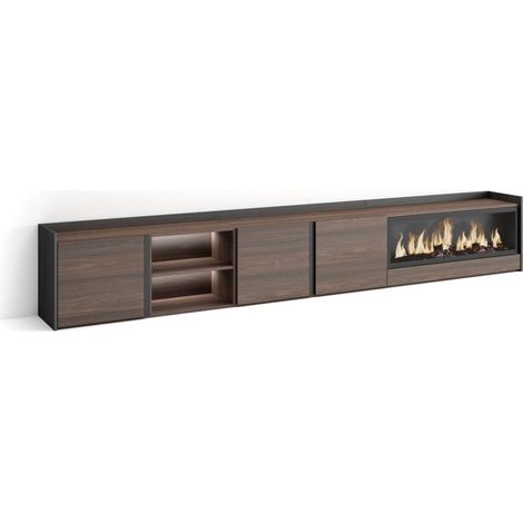 Mueble TV Benahavís-02 de 315x50x35 cm con chimenea y luces LED, color roble oscuro y negro (1/4)