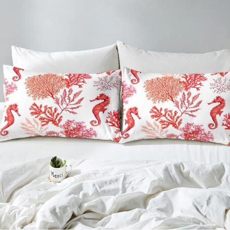 1 Parure de lit 220x240cm, motif océan, hippocampe, corail, pour chambre d'enfant (1/4)
