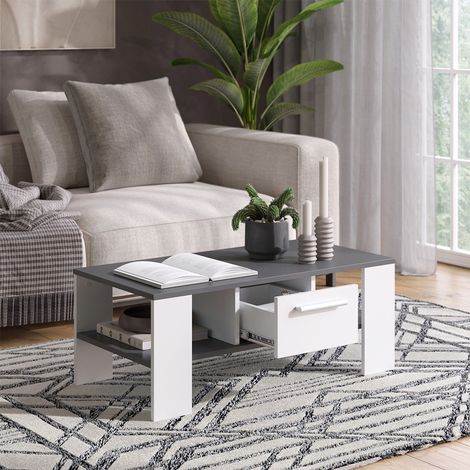 Mesa de centro Wilmut, Antracita/blanco, 89.8 x 46.4 cm con cajón, Vicco (1/5)