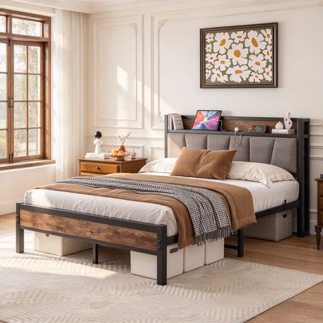 Lit 140x190 cm avec éclairage LED-USB Type-C-Cadre de lit en métal,Lit Moderne pour Adolescent avec sommier à Lattes,pour Chambre d'amis,Montage Facile,Brun (1/5)