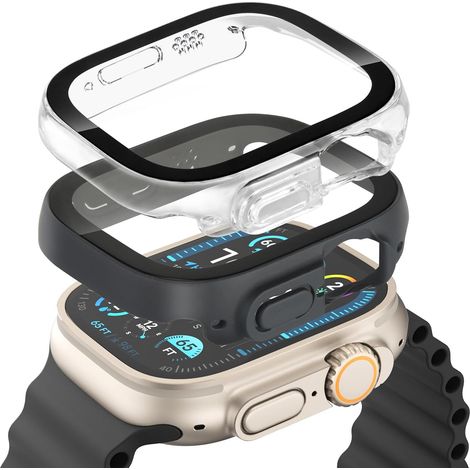2 Pièces Coque avec Verre Trempé pour Apple Watch Ultra 3/2/1 49mm, Protection Écran Anti-Rayures Ultra Mince Haute Sensibilité Étui de Protection Complète Antichoc (Transparente & Noir) (1/5)