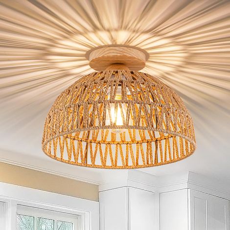 Plafonnier Rotin Pour Salon, Lampe De Plafond E27 Avec Abat-Jour En Rotin, Décoration Maison Style Vintage Campagne, Pour Chambre, Couloir, Kaki (1/5)