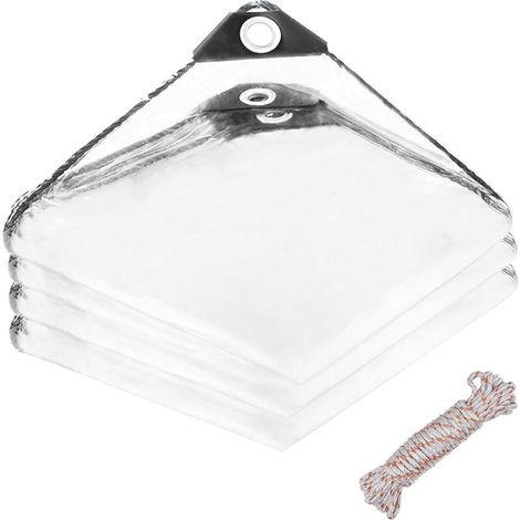 x 2 m transparente Plane mit Ösen, 400 g/m² wasserdichte PVC-Plane, Schutzplane für den Außenbereich, mit 5 m Befestigungsseil, für Gärten