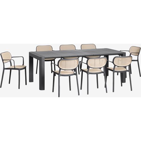 SKLUM Arnadine-Set mit rechteckigem Tisch (220 x 100 cm) und 8 stapelbaren Esszimmerstühlen mit Omara-Armlehnen Grau Graphit                                  