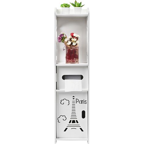 Aqrau Armoire de sol de salle de bain, étagères de salle de bain, avec porte-papier hygiénique, armoire de salle de bain, blanc (1/5)