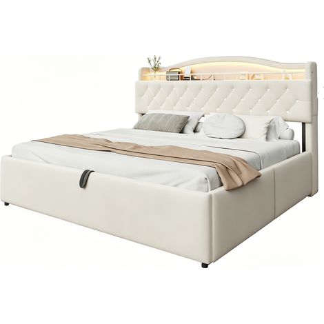 Doppelbett mit Stauraum 180 x 200 cm, LED, USB und USB-C, Kopfteilfächer, ohne Matratze, Beige (1/5)
