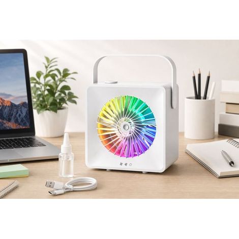 Ventilateur brumisateur avec nébulisation d'eau, USB rechargeable et silencieux, mini climatiseur et ventilateur de table, refroidisseur d'air compact pour bureau, chambre et télétravail (1/5)