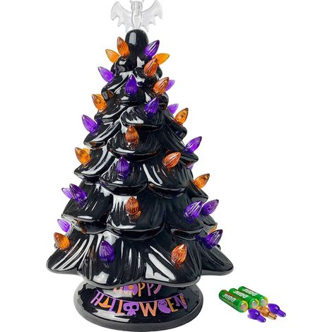 Cordless Lighted Ceramic Halloween Tree Tabletop Halloween Decoration Pre-Lit Orange & Purple Mini Light Bulbs 12'' AA Battery Operated LED (1/5)