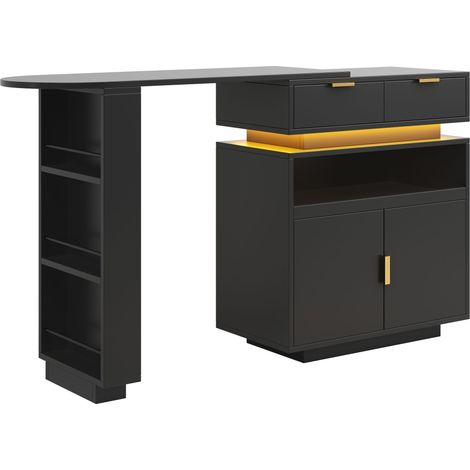 Îlot de cuisine extensible, table de bar (115-183 × 40 × 99 cm), îlot de cuisine avec rangement, éclairage LED, rotation à 360°, bar à café mobile, adapté à la cuisine et à la salle à manger, noir