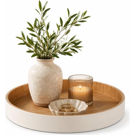 Plateau à Bougies,30cm Plateau Rond Plateau Decoratif en Cuir PU Porte-Bougies Piliers Plateaux de Service Rangement Coiffeuse Organisateur Bijoux pour Café Bar Salon Chambre à Coucher (1/5)