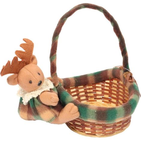 Cesto natalizio ovale con renna di peluche, 20x17x16 cm, marrone-verde (1/3)