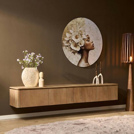 Meuble TV suspendu en bois de manguier 4 portes 210 cm KASO (1/5)