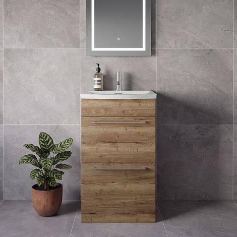 Napoli 390 Tobacco Oak 500mm 2 Drawer Vanity Unit with Arc Basin - 500mm - Chrome 320mm Handle