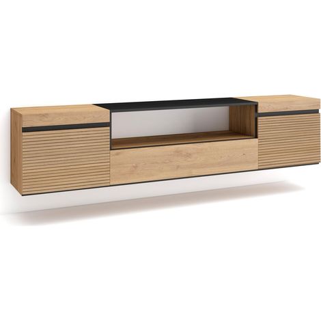 Skraut Home - TV-Schrank, Lowboard, für Wohnzimmer und Esszimmer, 200x45x35cm, Für TV-Geräte bis zu 80", Hängend, Moderner Stil, Eiche (1/5)
