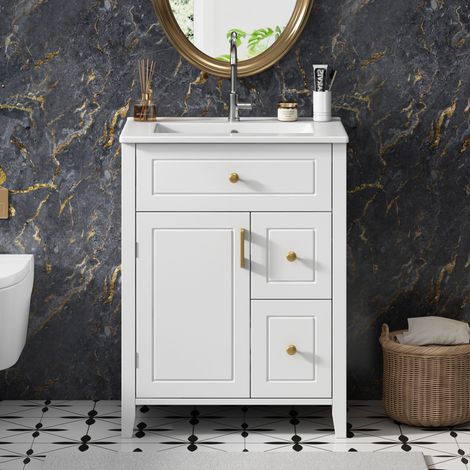 Modernluxe - Meuble de salle de bain 61 cm avec vasque en céramique, avec 2 tiroirs et 1 porte, finition brillante, blanc (1/5)