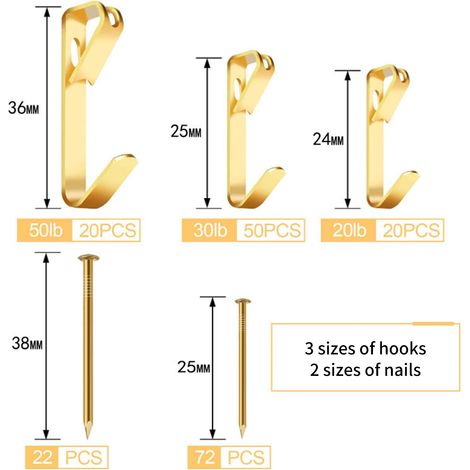 Bilderhaken-Set, 184-teilig, inklusive Schwerlasthaken (9 kg, 13,5 kg und 22,5 kg) mit Nägeln für Rahmen, Leinwände und Dekospiegel, goldfarben (1/5)