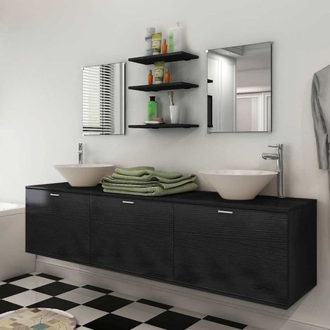 vidaXL Conjunto de muebles de baño con lavabo y grifo 10 piezas negro (1/4)