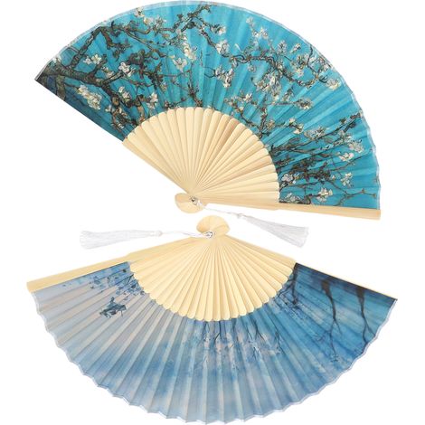 Lot de 2 éventails pliables manuels en bambou, décorés de motifs de fleurs d'abricotier et peints à l'eau. Décoration artisanale. (1/5)