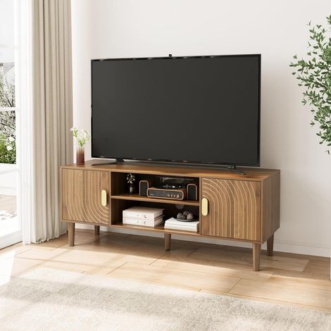 Meuble TV en noyer avec rainure de ligne, console multimédia moderne du milieu du siècle pour téléviseurs jusqu'à 55", meuble TV avec étagère réglable et 2 armoires pour salon (1/5)