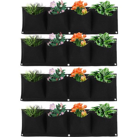 4 pièces 4 Poche Feutre Vertical Mur Jardin planteur Plante Grandir Sac réutilisable Mural Plantation Sac Culture Fleur légume Noir (1/4)