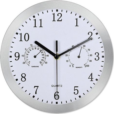 Horloge murale ronde à quartz, horloge murale silencieuse d'intérieur en aluminium avec thermomètre et hygromètre pour salon, cuisine ou bureau (argent) (1/4)