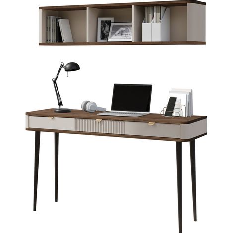 Conjunto para oficina en casa Lufela 123, Cachemira + Nogal, Con cajones, Aglomerado laminado, MDF